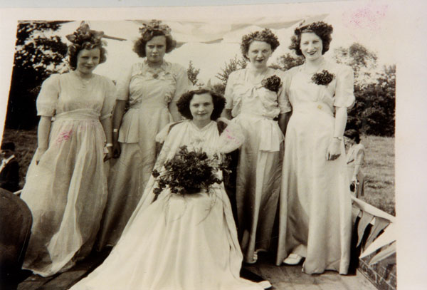Copy of a photograph of the Queen and her maids at the Llangwm Carnival 1954 Pembrokeshire. L &ndash; r Vivienne Trevithick, Auriel Thomas, Jean Davies, Dorothy Brock, Tint Brock was the Queen.